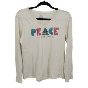 Life Is Good Womens medium off white t-shirt peace holiday long sleeve v neck